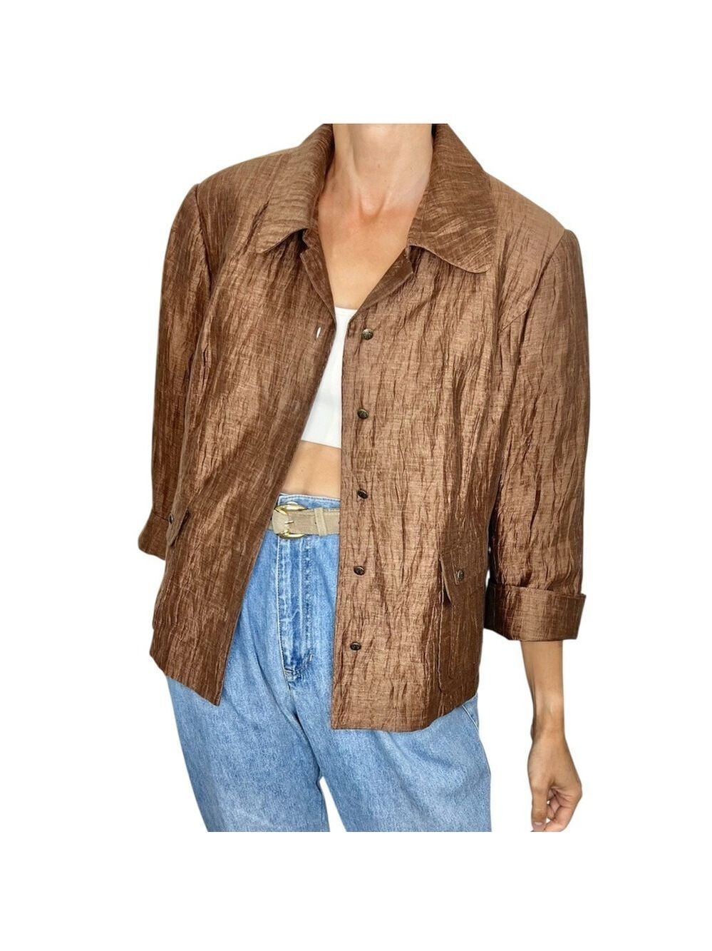 Windsmoor linen blend chocolate brown crinkly bracelet sleeve jacket blazer 16